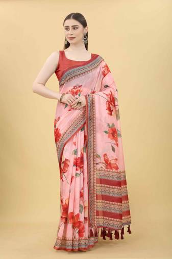 Silk Land  Pink  Printed Cotton Blend Saree 