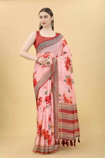 Silk Land  Pink  Printed Cotton Blend Saree 