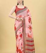 Silk Land  Pink  Printed Cotton Blend Saree 