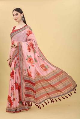 Silk Land  Pink  Printed Cotton Blend Saree  2