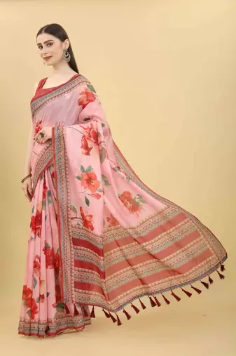 Silk Land  Pink  Printed Cotton Blend Saree 
