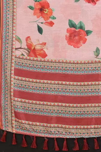 Silk Land  Pink  Printed Cotton Blend Saree 