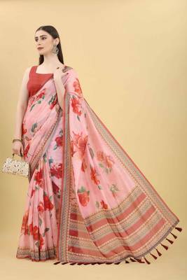 Silk Land  Pink  Printed Cotton Blend Saree  4