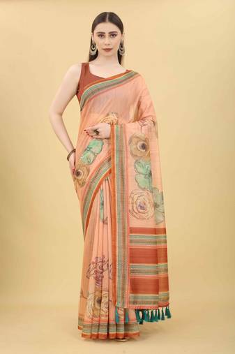 Silk Land  Peach  Printed Cotton Blend Saree 