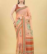 Silk Land  Peach  Printed Cotton Blend Saree 
