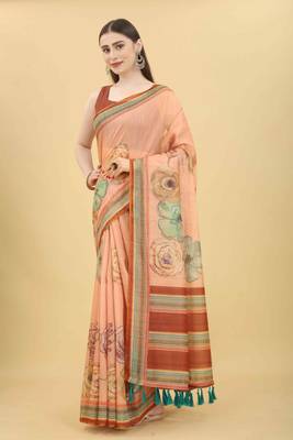 Silk Land  Peach  Printed Cotton Blend Saree  2