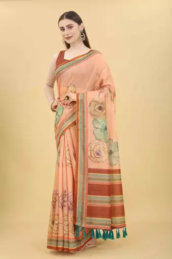 Silk Land  Peach  Printed Cotton Blend Saree 
