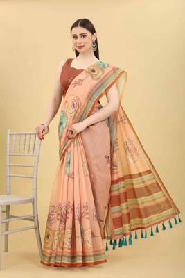 Silk Land  Peach  Printed Cotton Blend Saree  4