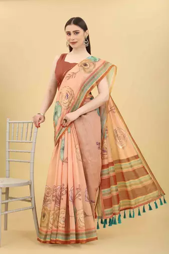 Silk Land  Peach  Printed Cotton Blend Saree 