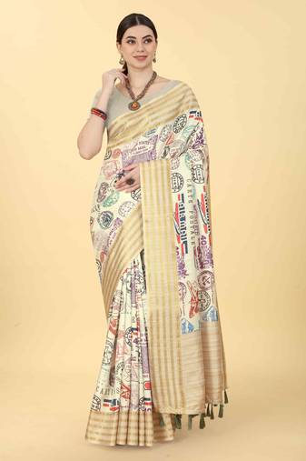 Silk Land  Beige  Printed Art Silk Saree 