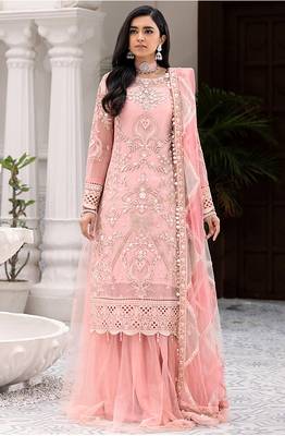 Peach Net With Sequence Embroidery Work With Diamond Work suit 1