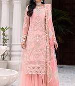 Peach Net With Sequence Embroidery Work With Diamond Work suit