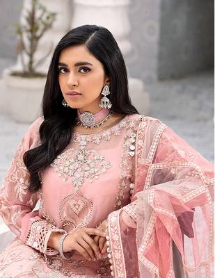 Peach Net With Sequence Embroidery Work With Diamond Work suit 2