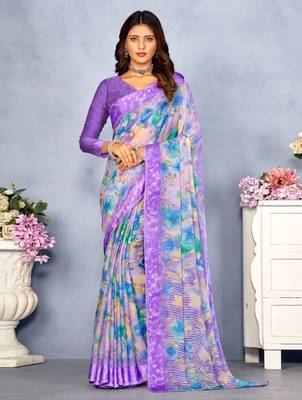 Purple digital floral printed chiffon saree attached sartin weaved border with blouse 1