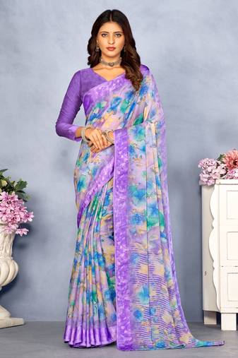 Purple digital floral printed chiffon saree attached sartin weaved border with blouse