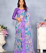 Purple digital floral printed chiffon saree attached sartin weaved border with blouse