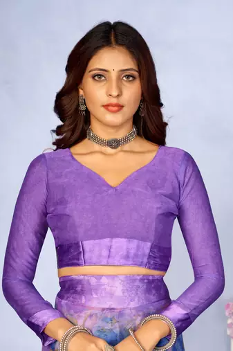 Purple digital floral printed chiffon saree attached sartin weaved border with blouse