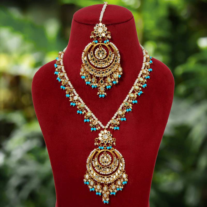 Firozi Color Back Side Meena Work Kundan Necklace, Earring and Maang Teeka Set