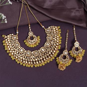 Lemon yellow color kundan mirror necklaces set 2