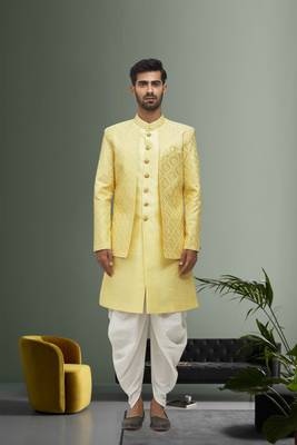 Men's yellow woven sherwani 1