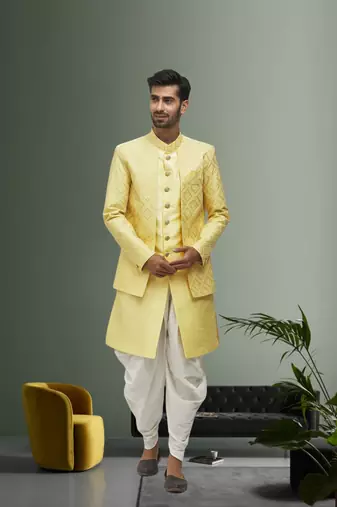 Men's yellow woven sherwani