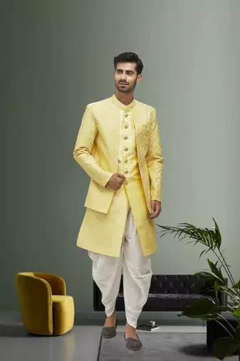 Men's yellow woven sherwani