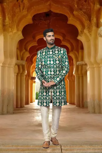 Men's green printed sherwani