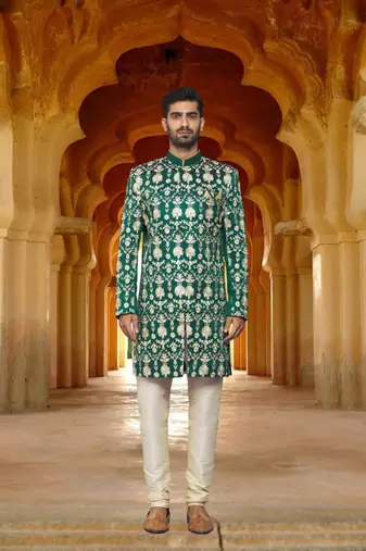 Men's green printed sherwani