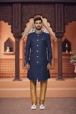 Men's blue woven sherwani 3