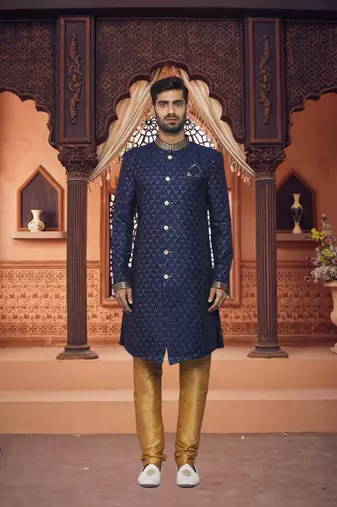 Men's blue woven sherwani