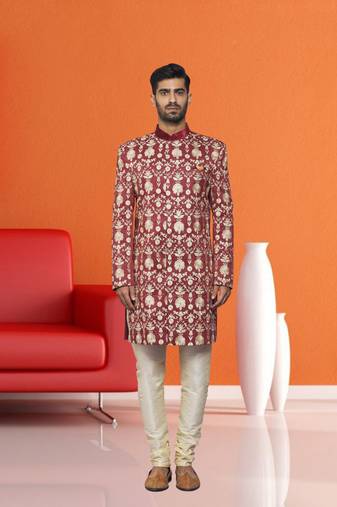 Men's maroon embroidered sherwani
