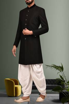 Men's black plain sherwani 4