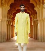 Men's yellow embroidered kurta pajama