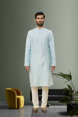 Men's sky blue embroidered kurta pajama 1
