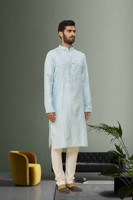 Men's sky blue embroidered kurta pajama 2