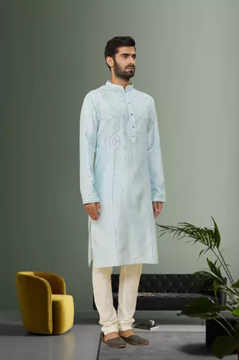 Men's sky blue embroidered kurta pajama