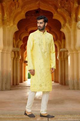 Men's yellow embroidered kurta pajama 2