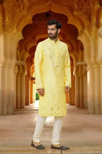 Men's yellow embroidered kurta pajama