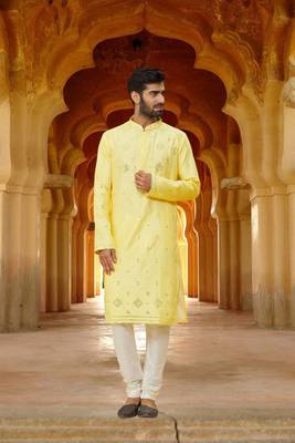 Men's yellow embroidered kurta pajama 3