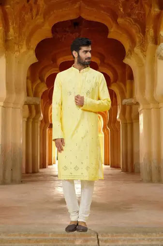 Men's yellow embroidered kurta pajama