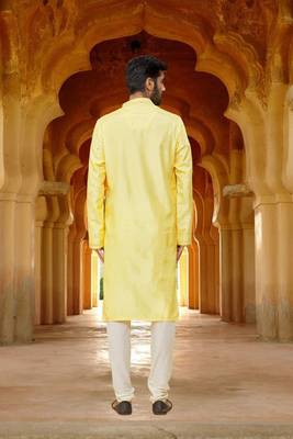 Men's yellow embroidered kurta pajama 4