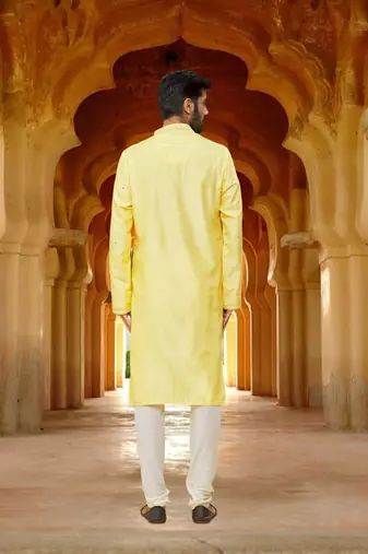 Men's yellow embroidered kurta pajama