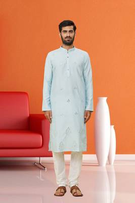 Men's sky blue embroidered kurta pajama 1
