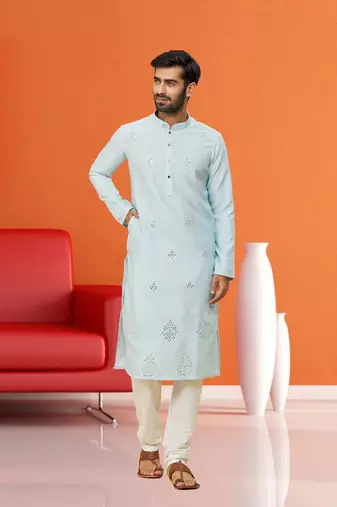 Men's sky blue embroidered kurta pajama