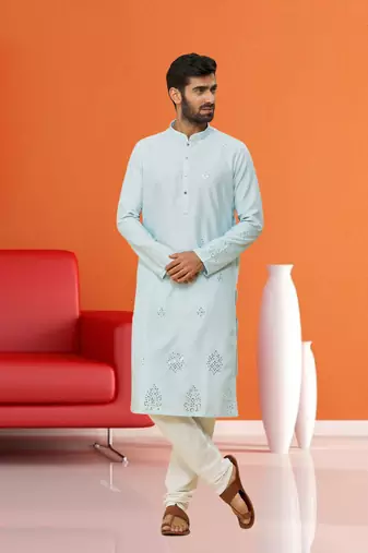 Men's sky blue embroidered kurta pajama
