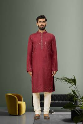Men's maroon embroidered kurta pajama 1
