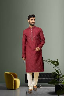 Men's maroon embroidered kurta pajama 2