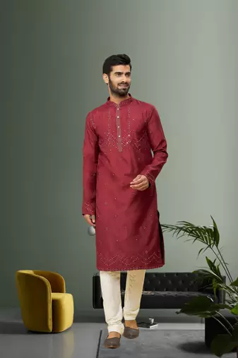 Men's maroon embroidered kurta pajama