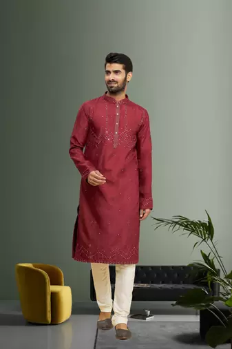 Men's maroon embroidered kurta pajama