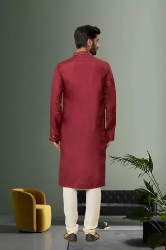 Men's maroon embroidered kurta pajama